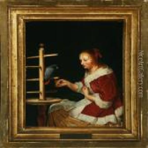 A Young Girlin A Red Jacket Feeding A Parrot Oil Painting - Frans van Mieris