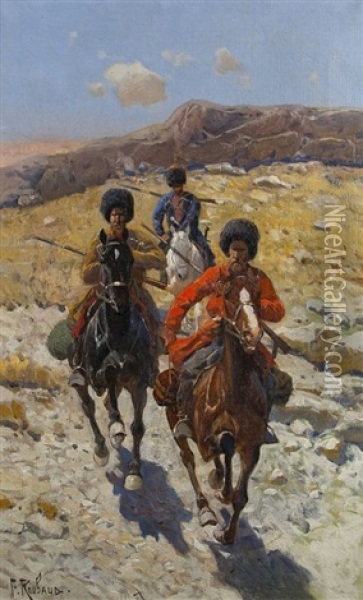 Drei Reiter Im Kaukasus Oil Painting - Franz Roubaud