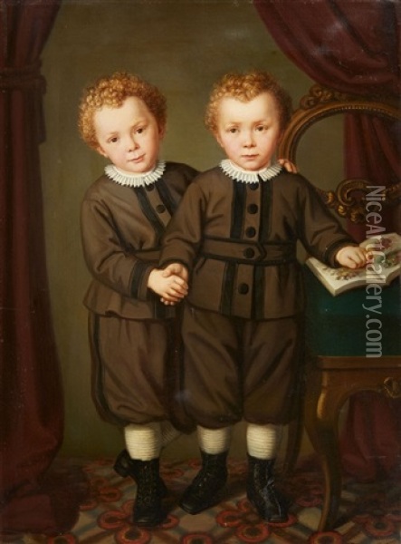Double-portrait Of Two Twins Oil Painting - Marianne Wagener