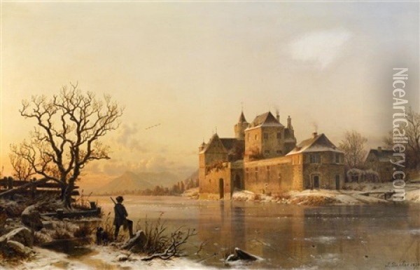Schlos Am Winterlichen Flus Oil Painting - Johannes Bartholomaeus Duntze