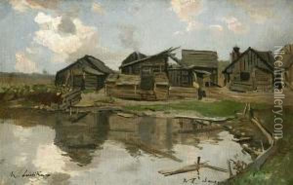 Holzbracken-siedlung Am Teich Oil Painting - Walter Leistikow