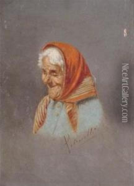 Portrait Of An Old Lady In A Red Headscarf Oil Painting - Arturo Petrocelli