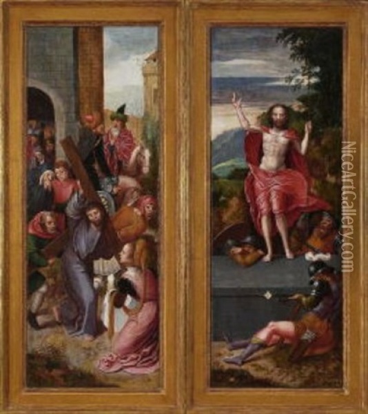 Kreuztragung - Auferstehung Christi (2 Parts Of A Triptych) Oil Painting - Pieter Coecke van Aelst the Elder