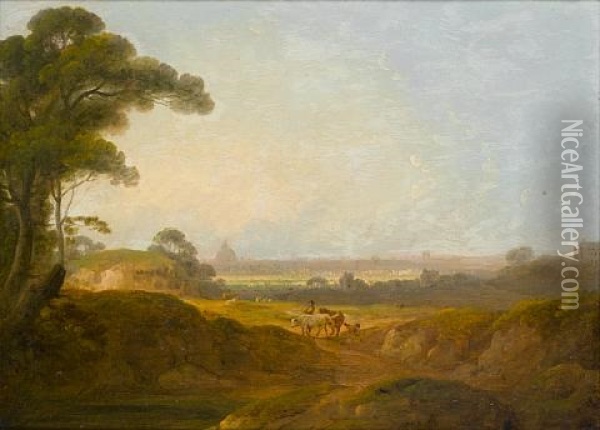 A Landscape With A Peasant Pasturing His Flock In The Roman Campagna (+ A Landscape At Sunset With A Peasant And His Flock Resting By The Lakeside, A Town In The Background; Pair) Oil Painting - John Rathbone