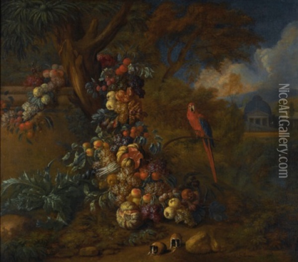 Still Life Of Fruit And Vegetables In A Park Landscape, With A Macaw And Two Guinea Pigs Oil Painting - Jan Pauwel Gillemans the Younger