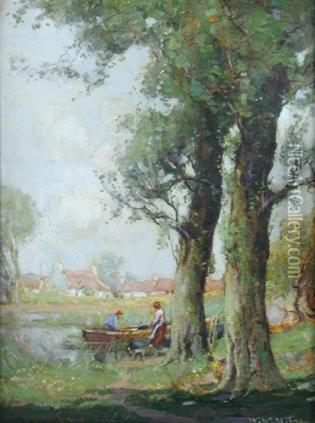 Couple By A Rowing Boat On The River Oil Painting - William Watt Milne