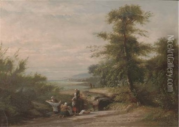 Washing Day By The River Oil Painting - Johanes Petrus van Velzen