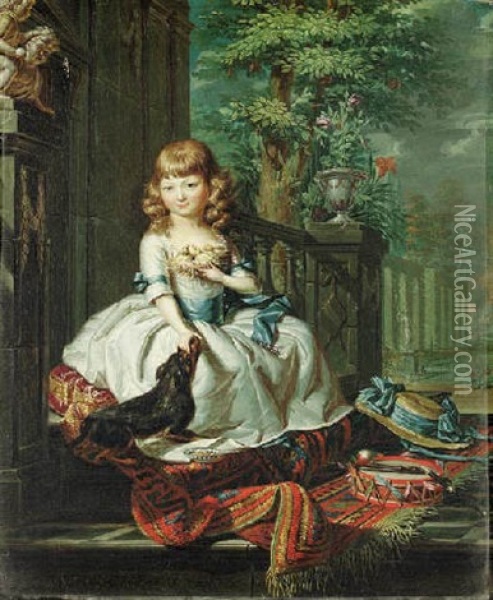 Portrait Of A Girl Seated On The Steps Of A Terrace, A Formal Garden Beyond Oil Painting - Louis Francois Gerard van der Puyl