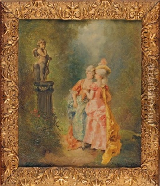Jeunes Femmes Admirant Un Amour Oil Painting - Theodore Levigne