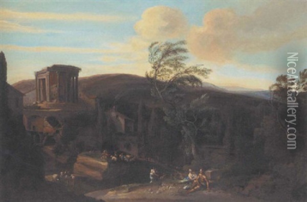 A Capriccio View Of Tivoli With Classical Ruins, Herdsman And Their Flock Oil Painting - Claude Lorrain