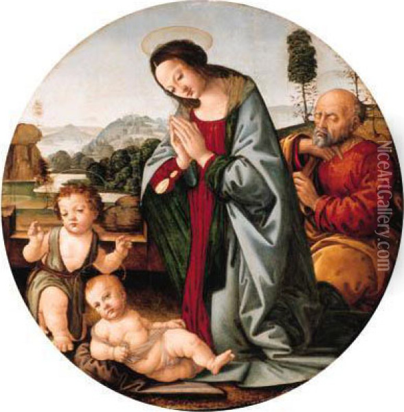 The Holy Family With The Infant Saint John The Baptist, A Riverlandscape Beyond Oil Painting - Lorenzo Di Credi