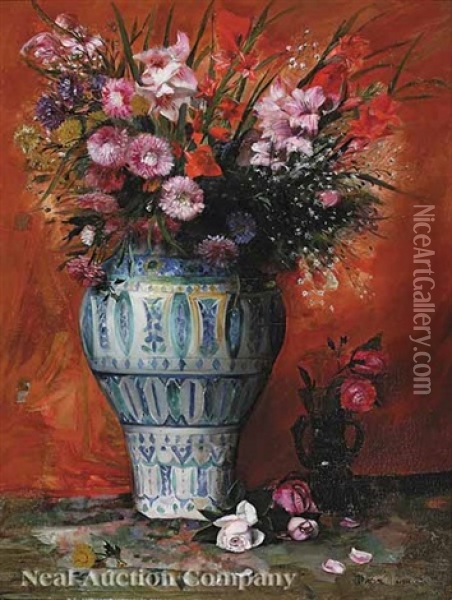Still Life Of Pink Flowers In A Blue And White Porcelain Vase Oil Painting - Paul-Charles Chocarne-Moreau