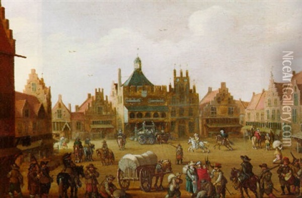 A View Of De Hof In Amersfoort With Cavalrymen And Horses And Wagons, The City Hall Beyond Oil Painting - Joost Cornelisz. Droochsloot