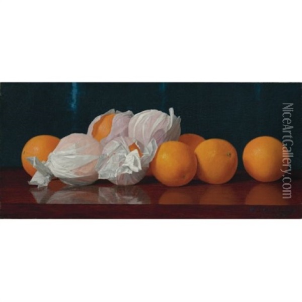 Wrapped Oranges On A Tabletop Oil Painting - William J. McCloskey