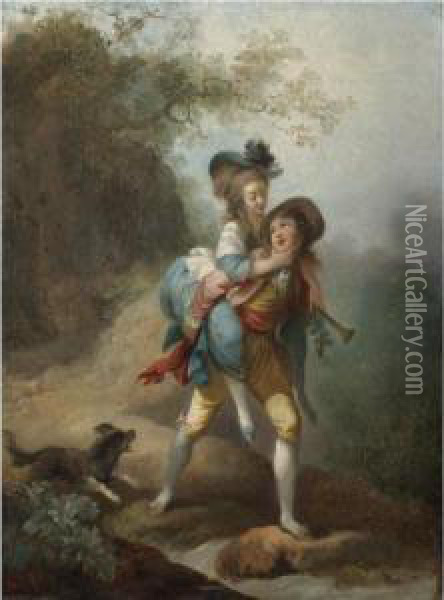 A Young Gentleman Carrying A Lady Across A Stream, A Dog Following Behind Oil Painting - Jean-Frederic Schall