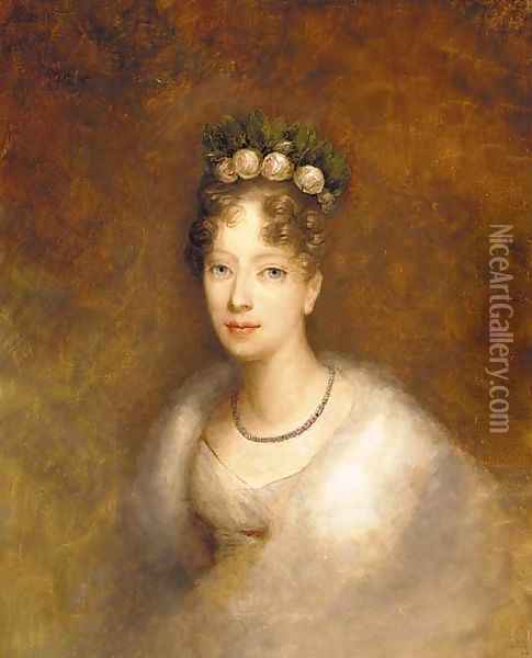 Portrait of a lady, bust length with Roses in her hair Oil Painting - French School