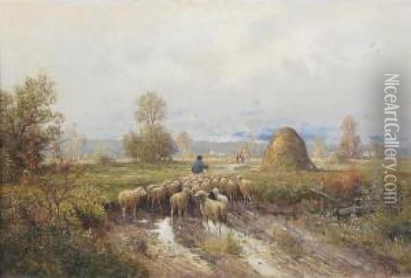 Shepherd And Flock By A Haystack Oil Painting - Felix Saturnin Brissot de Warville