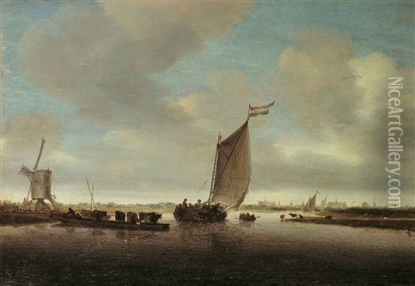 Flusslandschaft Mit Fahre Und Einem Mit Vieh Beladenem Boot Oil Painting - Salomon van Ruysdael