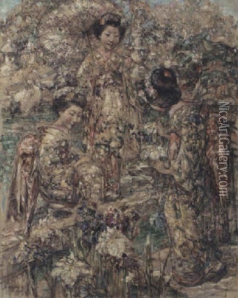 A Japanese Garden Oil Painting - Edward Atkinson Hornel