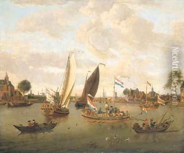 A view of Amsterdam with the Trekschuit and Smalschips on the River Buiten-Amstel near the Hooge Sluis with elegant figures, carriages and townsfolk Oil Painting - Abraham Storck
