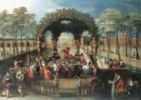 Elegant Figures Dining In A Garden By A Canal Oil Painting - Louis de Caullery