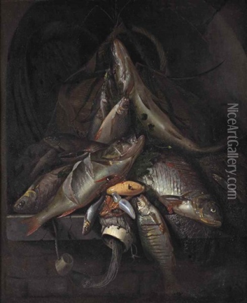 A Still Life Of Freshwater Fish Piled High In A Stone Niche Oil Painting - Jakob Gillig