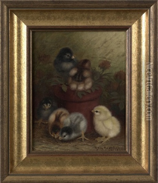 Six Chicks And A Flowerpot Oil Painting - Ben Austrian
