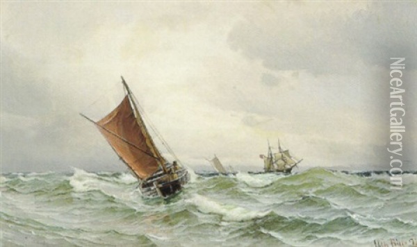 Marine Med Skibe Pa Havet Oil Painting - Vilhelm Victor Bille