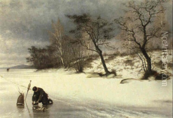 Vintermotiv Med Pimpelfiskare Oil Painting - Knut Ekwall