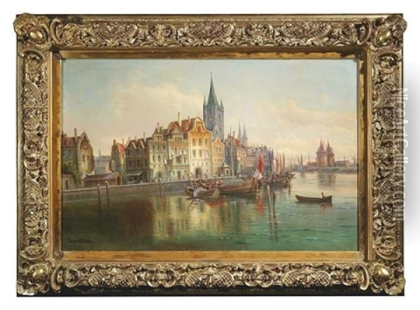 Der Lubecker Hafen Mit Den Turmen Der Kirchen St. Marien Und St. Petri Sowie Dem Holstentor Im Hintergrund Oil Painting - L. van Howe