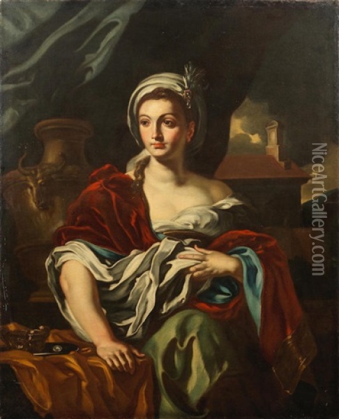 Portrait Of A Lady, Three-quarter-length, Standing Before A Blue Curtain Oil Painting - Francesco Solimena