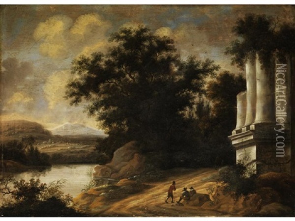 Sudliche Fantasielandschaft Mit Antiker Tempelruine Oil Painting - Cornelis Van Poelenburgh