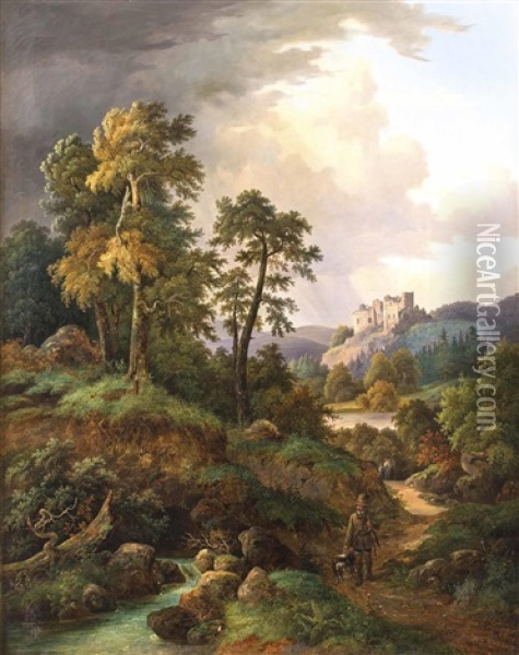 Ideallandschaft Mit Jager Und Burgruine Im Flusstal Oil Painting - August Wilhelm Ferdinand Schirmer