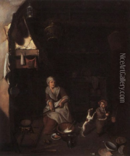 A Kitchen Interior With A Woman Cooking At A Fire Oil Painting - Abraham de Pape