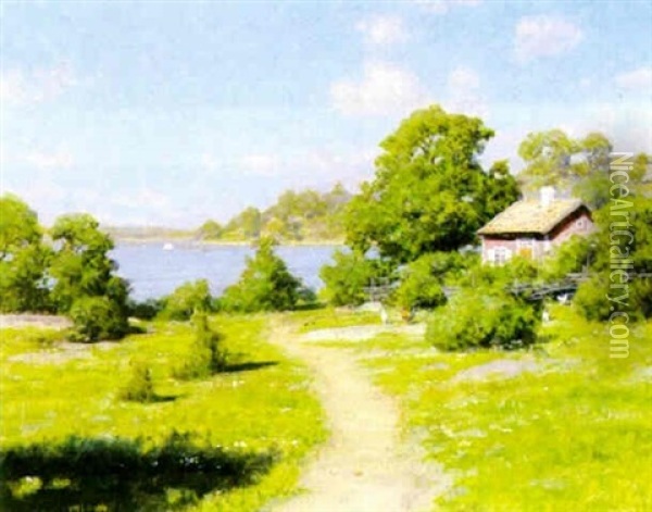 Sommarlandskap Med Pickande Hons Oil Painting - Johan Fredrik Krouthen