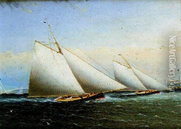 Gaff-rigged Cutters Off A Coastline Oil Painting - James Edward Buttersworth