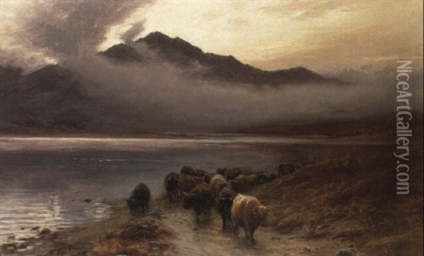 Cattle On A Highland Drove Road Oil Painting - Joseph Farquharson