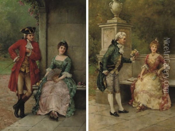 Flirtations In The Park (2 Works) Oil Painting - Leo A. Malempre
