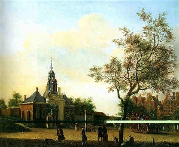 View Of Haarlmmerpoort From Haarlemmerplein, Amsterdam, With Townsfolk On A Horse Drawn Wagon Leaving For The City Centre, At Sunset Oil Painting - Jan Ekels the Elder
