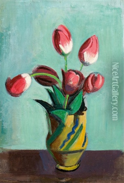 Rote Tulpen In Keramikkrug Oil Painting - Rudolf Levy