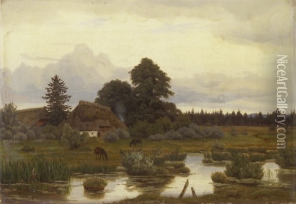 Bauernhof Mit Pferden An Einem Weiher Oil Painting - Anton Zwengauer the Elder