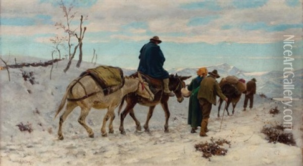 Travelers On A Road, Winter Oil Painting - Stefano Bruzzi
