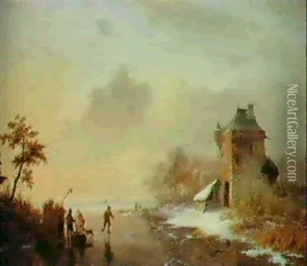 Figures On A Frozen River By A Tower Oil Painting - Frederik Marinus Kruseman