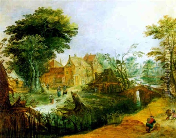 Blick Auf Ein Dorf An Einem Flus, Im Vordergrund Heimkehrende Jager Und Hirten Oil Painting - Mattheus Molanus