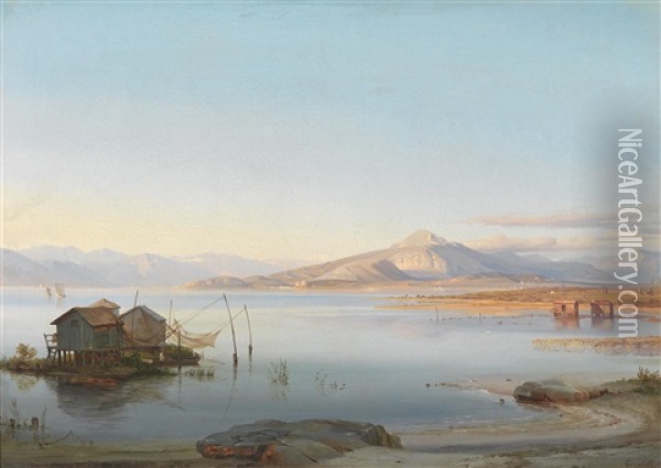 Seelandschaft Mit Fischerhutten Und Fischernetzen Oil Painting - Ludwig Heinrich Theodor (Louis) Gurlitt