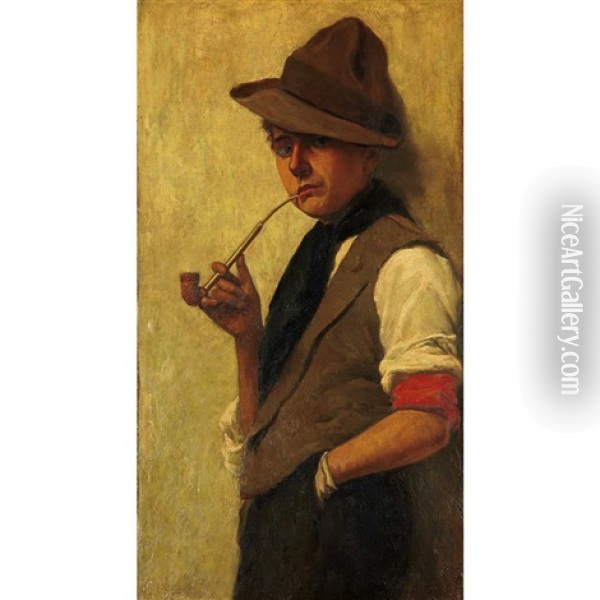 Boy Smoking A Pipe Oil Painting - Philip Lodewijk Jacob Frederik Sadee