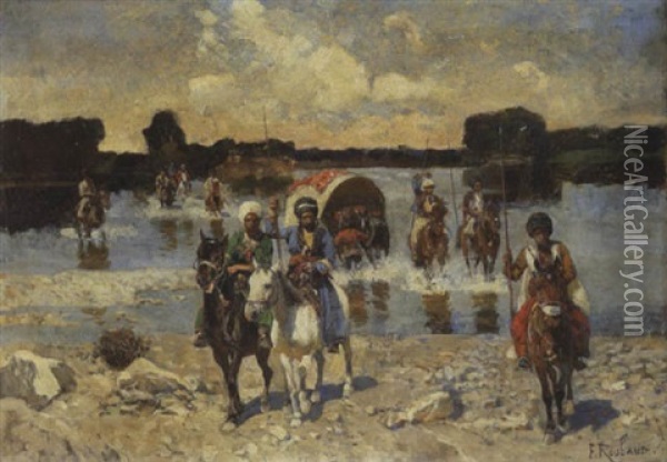 Tscherkessenreiter Mit Planwagen Bei Einer Flussuberquerung Oil Painting - Franz Roubaud