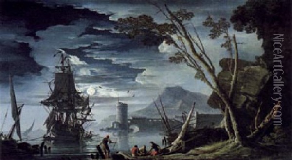 Sudlicher Hafen Bein Mondschein Oil Painting - Charles Francois Lacroix