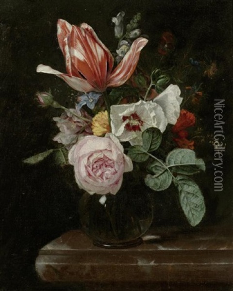 Blumenstillleben In Einer Vase Auf Einer Steinplatte Oil Painting - Cornelis Kick