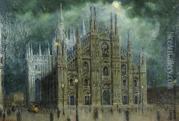 Blick Auf Den Dom In Mailand Im Licht Des Vollmonds Oil Painting - Giovanni Gaetano Galeazzi